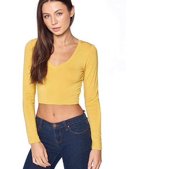 Mustard Sunny Yellow Long Sleeves V Neck Crop Top - Picture 2 of 4